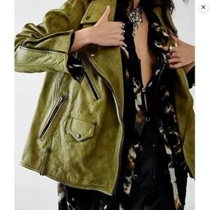 We The Free x Free People Jealousy Leather Moto Jacket NEW rare L $698 Green